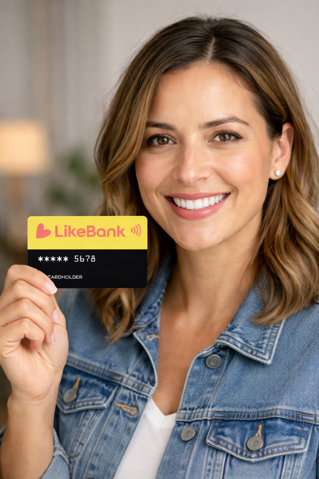 Woman holding LikeBank card